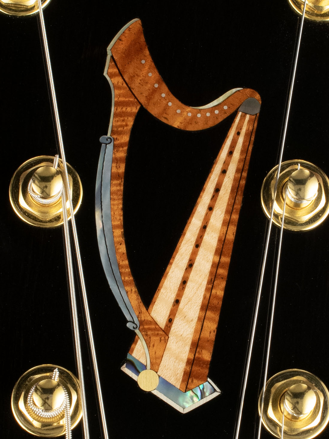 Harp Unstrung inlay in Koa, Maple, abalone, mother of pearl, silver, and gold